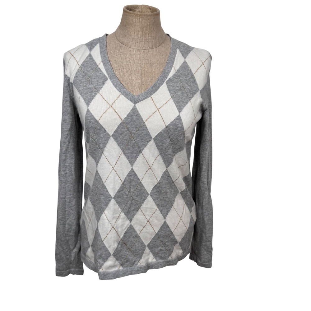 Tommy Hilfiger Argyle Sweater Women S Grey White Preppy Pima Cotton Academia